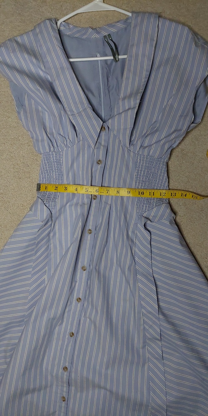 Anthropologie Short-Sleeve V-Neck Pleated Blue White Stripe Midi Dress Sz XS - Picture 10 of 17